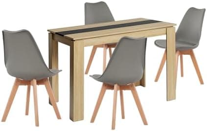 Esszimmergruppe Esstisch 120CM Rechteckig Holz + 4er Stühle grau Eiche-Weiß Tischbein für Wohnzimmer Küche Büro