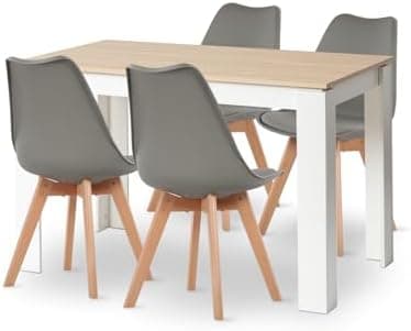 Esszimmergruppe Esstisch 120CM Rechteckig Holz + 4er Stühle grau Eiche-Weiß Tischbein für Wohnzimmer Küche Büro