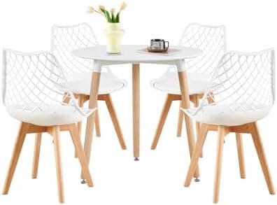 **White Round Dining Table with 4 White Dining Chairs 4 Piece Set for Dining Room, Kitchen, Living Room**
| **White Din