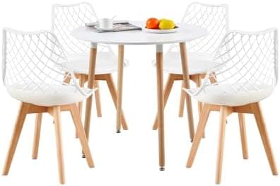 **White Round Dining Table with 4 White Dining Chairs 4 Piece Set for Dining Room, Kitchen, Living Room**
| **White Din