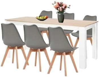 Esszimmergruppe Esstisch 120CM Rechteckig Holz + 4er Stühle grau Eiche-Weiß Tischbein für Wohnzimmer Küche Büro