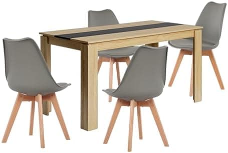 Esszimmergruppe Esstisch 120CM Rechteckig Holz + 4er Stühle grau Eiche-Weiß Tischbein für Wohnzimmer Küche Büro