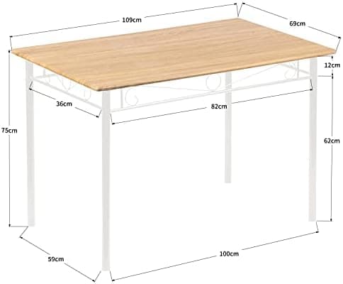 Esszimmer-Set mit Esstisch und 4 Stühlen, Buchenholzmaserung, weiße Metallbeine, perfekt für Esszimmer und Küche, präch