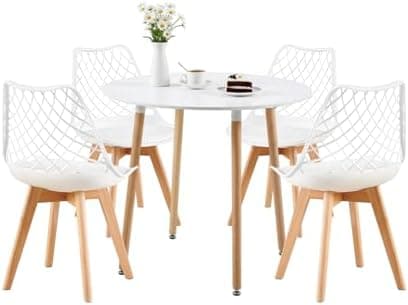 **White Round Dining Table with 4 White Dining Chairs 4 Piece Set for Dining Room, Kitchen, Living Room**
| **White Din