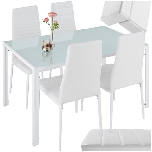 Tectake Essgruppe Set - stabil, modern, schwarz | Tisch und 4X Stuhl | Kunstleder, Sicherheitsglas | für Familie und Fre