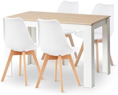 Esszimmergruppe Esstisch 120CM Rechteckig Holz + 4er Stühle grau Eiche-Weiß Tischbein für Wohnzimmer Küche Büro