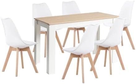 Esszimmergruppe Esstisch 120CM Rechteckig Holz + 4er Stühle grau Eiche-Weiß Tischbein für Wohnzimmer Küche Büro