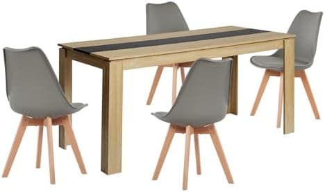 Esszimmergruppe Esstisch 120CM Rechteckig Holz + 4er Stühle grau Eiche-Weiß Tischbein für Wohnzimmer Küche Büro
