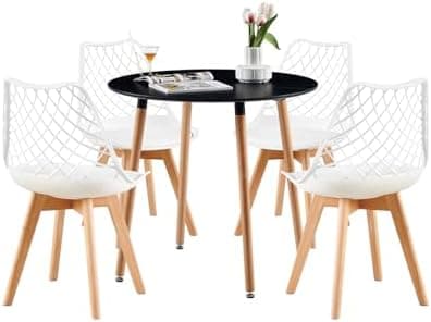 **White Round Dining Table with 4 White Dining Chairs 4 Piece Set for Dining Room, Kitchen, Living Room**
| **White Din