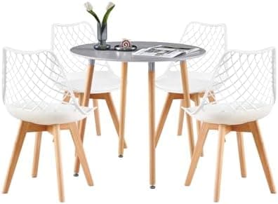 **White Round Dining Table with 4 White Dining Chairs 4 Piece Set for Dining Room, Kitchen, Living Room**
| **White Din