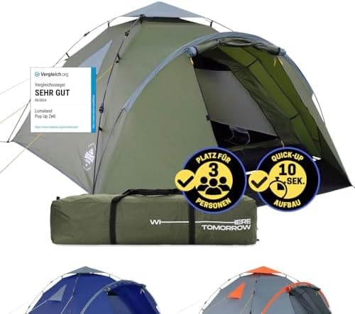 Lumaland Pop Up Zelt Grün | Wasserdicht & Windfest | Ideal für Familie mit 3-4 Personen | Camping, Festival & Reise | Ul