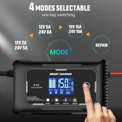 HTRC Ladegerät Autobatterie 12V/15A & 24V/10A - Batterieladegerät für KFZ - Auto, Motorrad, Rasenmäher, Boot | Lithium,