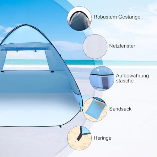Strandmuschel Automatisches 2-3 Personen Strandzelt für Familien UV-Schutz 50+ Sonnenschutz (Blau)