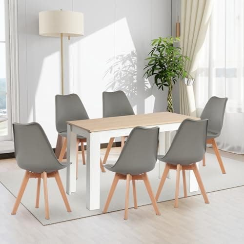 Esszimmergruppe Esstisch 120CM Rechteckig Holz + 4er Stühle grau Eiche-Weiß Tischbein für Wohnzimmer Küche Büro