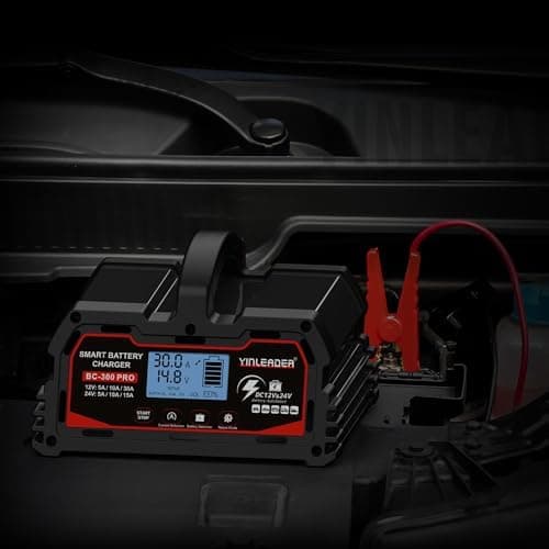 Yinleader Autobatterie Ladegerät Schwarz - Intelligente Erhaltung für 12V/24V LiFePO4 Batterien mit LCD