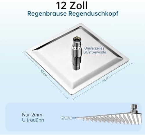 HAUSPROFI Wassersparender Antikalk-Duschkopf mit Edelstahl Düse, poliertes Chrome-Finish für Profis, 30 cm Quadratisch