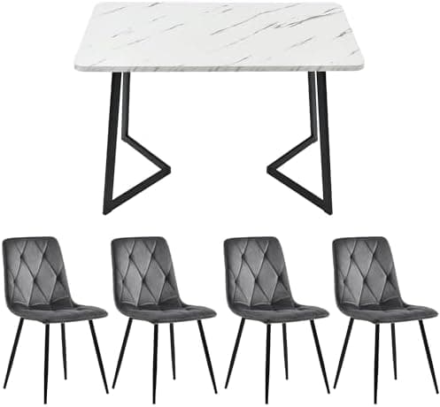 Modern Küchentisch Set Essgruppe 117x68cm Rechteckig 4 Stühle Dunkelgrau Twill Leinentuch(Schwarze Tischbeine)