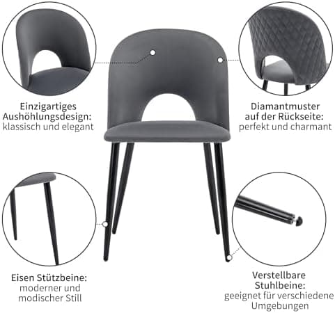 HAUSPROFI Esszimmertisch mit 4 Stühlen (Grau+Schwarz) - 68x117x75cm - Samt-Sitzpolster - Modern Möbelset für Hausprofi-E