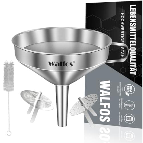 Walfos Trichter Set aus Edelstahl für Küche mit 2 abnehmbaren Siebfilter für Speiseöle, Marmelade und Reinigungsbürste |