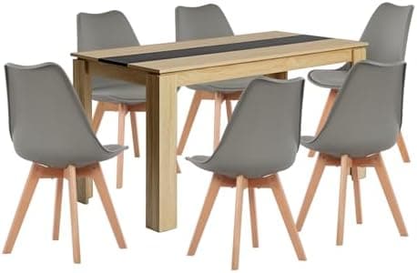 Esszimmergruppe Esstisch 120CM Rechteckig Holz + 4er Stühle grau Eiche-Weiß Tischbein für Wohnzimmer Küche Büro