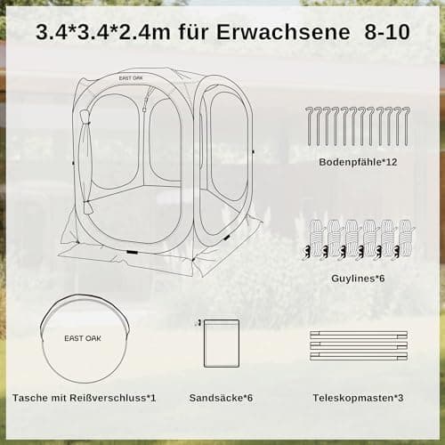 EAST OAK Pop Up Zelt 2-3 Personen - ideal für Familie, Camping und Garten - Wasserdicht, UV-Schutz, 360° Belüftung, Anti
