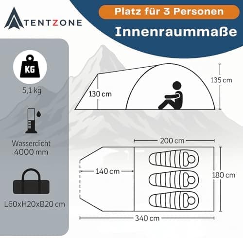Dome01 Wasserdichtes 2-3 Personen Campingzelt 4000mm, Vorraum mit abnehmbarem Bodenplane, Belüftungsöffnungen, Grau