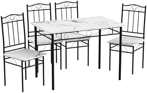 Esszimmer-Set mit Esstisch und 4 Stühlen, Buchenholzmaserung, weiße Metallbeine, perfekt für Esszimmer und Küche, präch