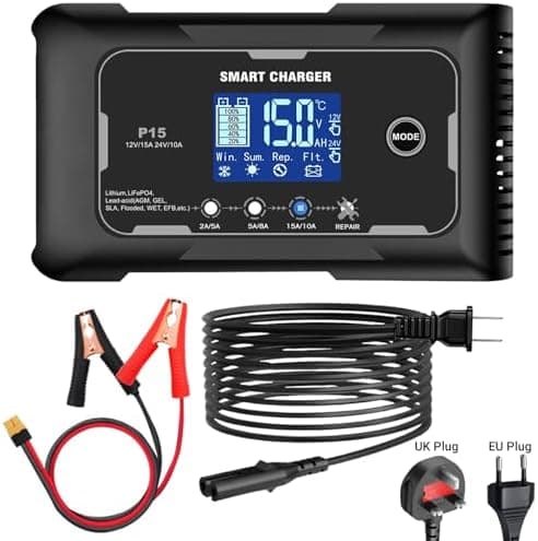 HTRC Ladegerät Autobatterie 12V/15A & 24V/10A - Batterieladegerät für KFZ - Auto, Motorrad, Rasenmäher, Boot | Lithium,