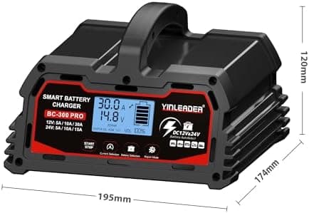 Yinleader Autobatterie Ladegerät Schwarz - Intelligente Erhaltung für 12V/24V LiFePO4 Batterien mit LCD
