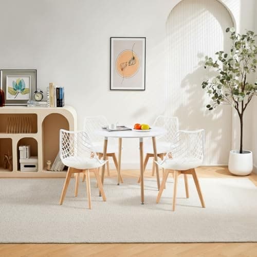 **White Round Dining Table with 4 White Dining Chairs 4 Piece Set for Dining Room, Kitchen, Living Room**
| **White Din