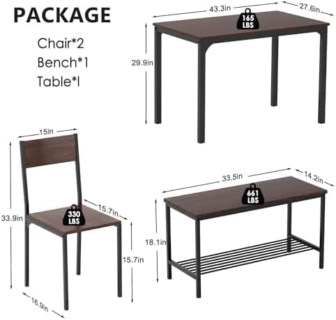 Sogesfurniture 4-teiliges Essgruppe Vintagebraun für Wohnzimmer und Esszimmer mit Ablagefläche und Rechteckigem Esstisch
