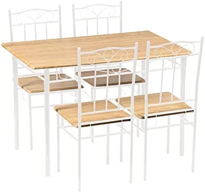 Esszimmer-Set mit Esstisch und 4 Stühlen, Buchenholzmaserung, weiße Metallbeine, perfekt für Esszimmer und Küche, präch
