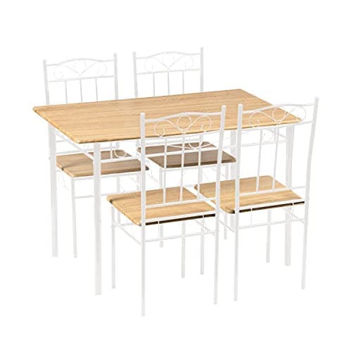 Esszimmer-Set mit Esstisch und 4 Stühlen, Buchenholzmaserung, weiße Metallbeine, perfekt für Esszimmer und Küche, präch