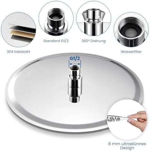 Auralum Regendusche Duschkopf 12 Zoll, edelstahlige Selbstreinigende Düsen, 360° Verstellbar, Chrom Recycled Claim Stand