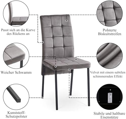 NORDICANA Grauer Esstisch Set 4er Stühle, Rechteckig MDF-Holztisch + Polsterstuhl Samtbezug, für Küche, Büro, Balkon, Re