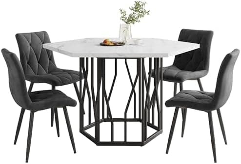 HAUSPROFI Küchen Esstisch Set für Küche Esszimmer Wohnzimmer - 5-teiliges Sechseckiges Esstisch Set mit 4 Stühlen (Grau