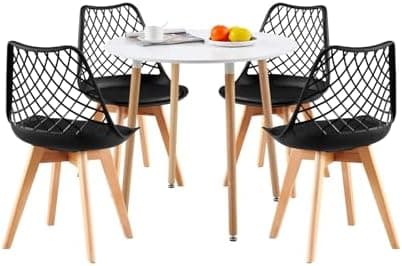 **White Round Dining Table with 4 White Dining Chairs 4 Piece Set for Dining Room, Kitchen, Living Room**
| **White Din