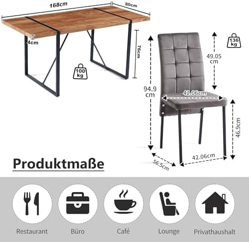 NORDICANA Grauer Esstisch Set 4er Stühle, Rechteckig MDF-Holztisch + Polsterstuhl Samtbezug, für Küche, Büro, Balkon, Re