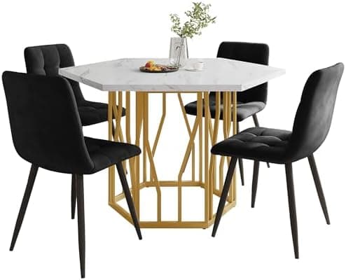 HAUSPROFI Küchen Esstisch Set für Küche Esszimmer Wohnzimmer - 5-teiliges Sechseckiges Esstisch Set mit 4 Stühlen (Grau