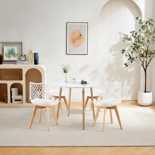 **White Round Dining Table with 4 White Dining Chairs 4 Piece Set for Dining Room, Kitchen, Living Room**
| **White Din