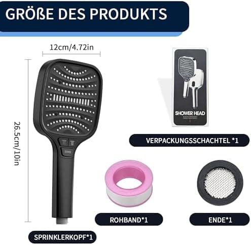 Duschbrause Duschkopf – Wassersparender Duschkopf mit 8 Strahlarten und Stoppfunktion, groß, Silber Chrom