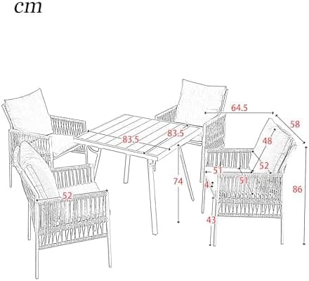 HAUSPROFI Gartenmöbel Set 5-TLG - 83x83cm Esstisch mit Sitzkissen für Aufderterrasse und im Garten