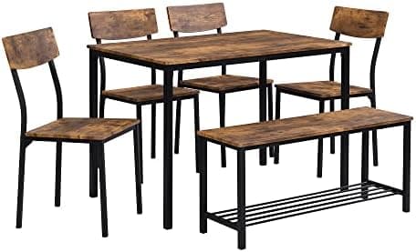 HAUSPROFI Vintagebrauner Esszimmertisch mit 6er Set Stühlen und Sitzbank, 70x110x75cm, Stahlrahmen, Küchentisch-Stil, Id