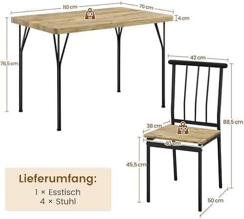 Yaheetech Essgruppen Esstisch mit 4 Stühlen - Rechteckige Küchentisch-Set fürs Esszimmer mit dickem Tisch - Sitzgruppe f