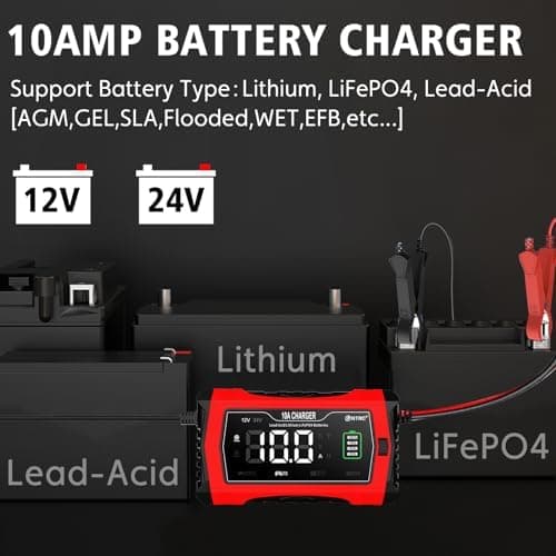 HTRC 16A Autobatterieladegerät, 6V/12V/24V-Ladegerät für Autofahrer, Motorrad- und Rasenmähernutzung, Lithium und LiFePO