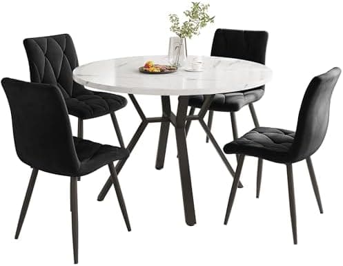 Runder Esstisch Set für 4 Personen mit Schwarzen Metallbeinen und Grün Samt Stühlen
| Esstrik Set Rund 100x100x75 cm 4