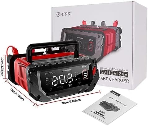 HTRC Ladegerät Autobatterie 12V/15A & 24V/10A - Batterieladegerät für KFZ - Auto, Motorrad, Rasenmäher, Boot | Lithium,
