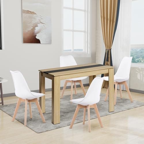 Esszimmergruppe Esstisch 120CM Rechteckig Holz + 4er Stühle grau Eiche-Weiß Tischbein für Wohnzimmer Küche Büro