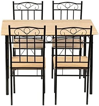 Esszimmer-Set mit Esstisch und 4 Stühlen, Buchenholzmaserung, weiße Metallbeine, perfekt für Esszimmer und Küche, präch