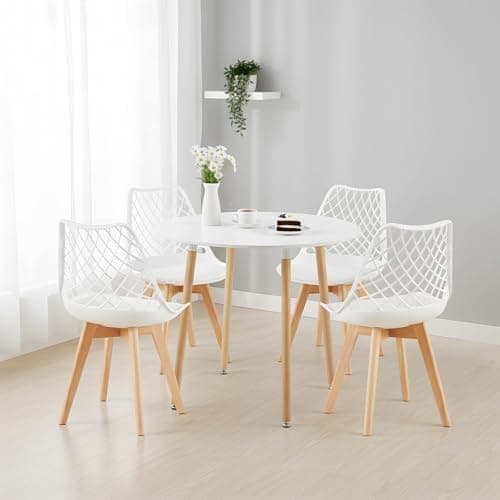 **White Round Dining Table with 4 White Dining Chairs 4 Piece Set for Dining Room, Kitchen, Living Room**
| **White Din